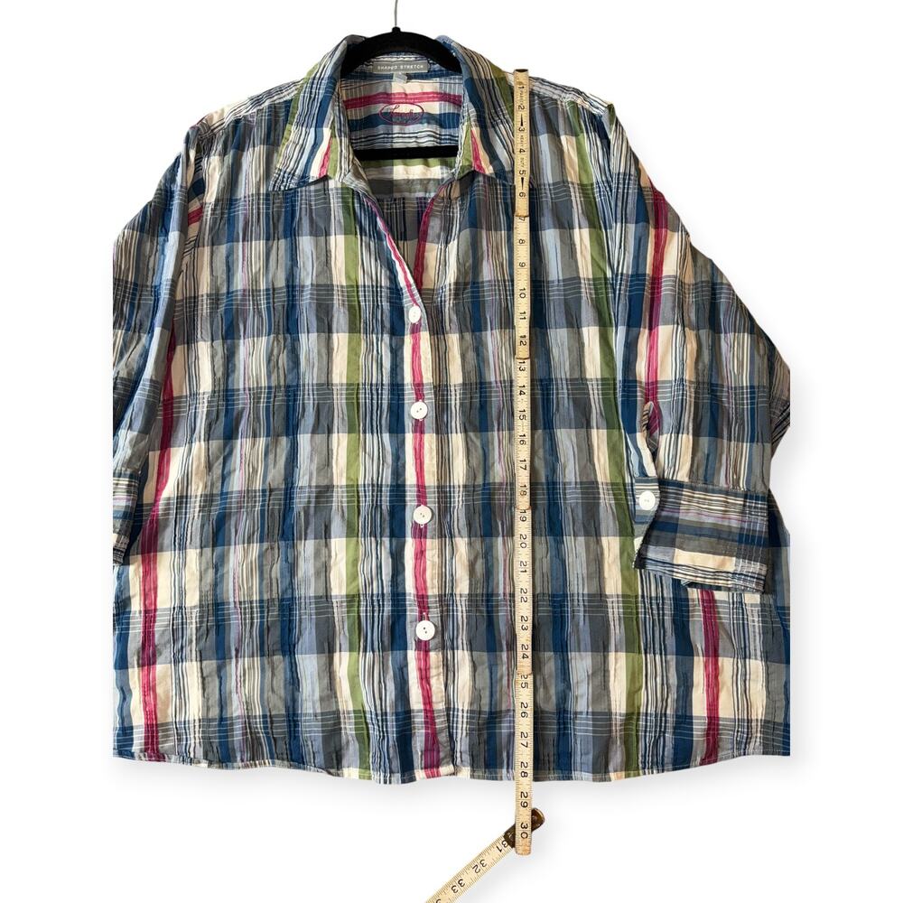 Foxcroft Shaped Stretch 3/4 Sleeve Button Up Crinkle Shirt, Plaid, Women's 24 - Picture 2 of 9